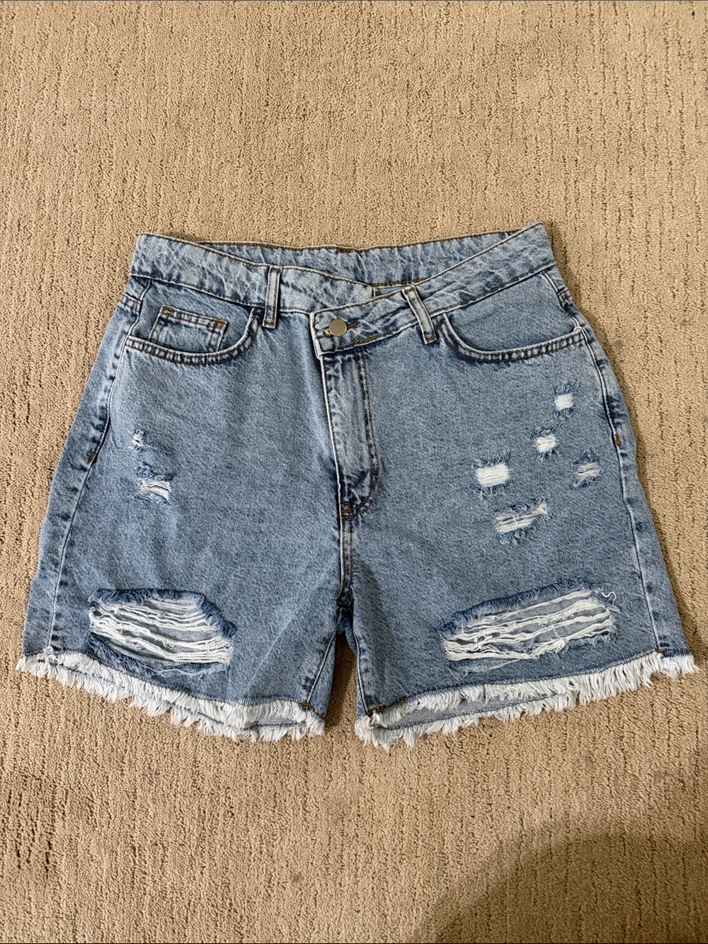 High-Waisted Light Blue Distressed Denim Shorts
